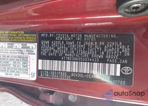 2005 Toyota Camry Le из США, поврежденный, VIN 4T1BE30K05U034433